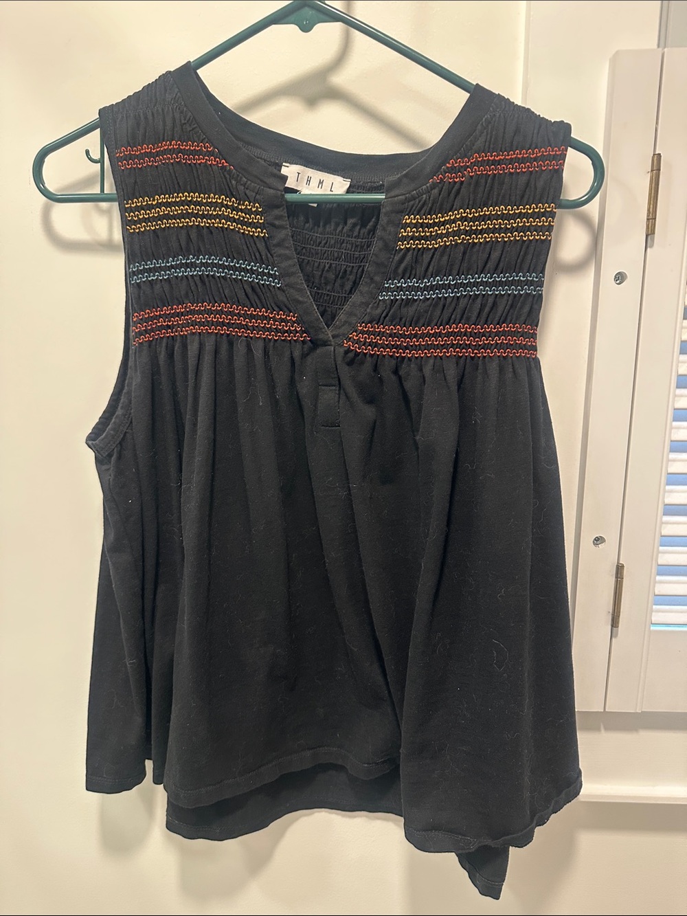 THML Black Sleeveless V-Neck Tank with Multicolor Embroidered Yoke